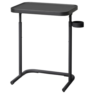 Black BJÖRKÅSEN laptop stand, rectangular top, adjustable height, tiltable, four-legged base, attached cup holder.