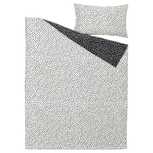 BJÖRKGRÅMAL bed set: black dots on white. Soft cotton-viscose, duvet & pillowcase.
