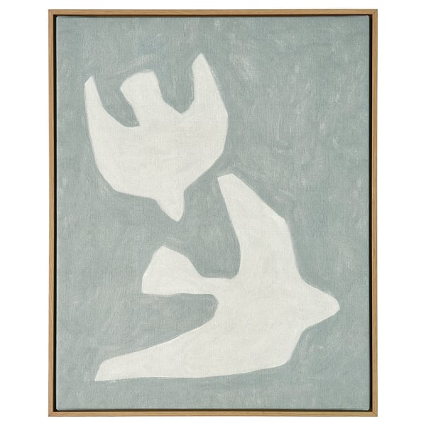 Framed art print: BLODFLÄDER by maja gunnarsdottir, grey canvas with white abstract shapes, oak-effect frame.