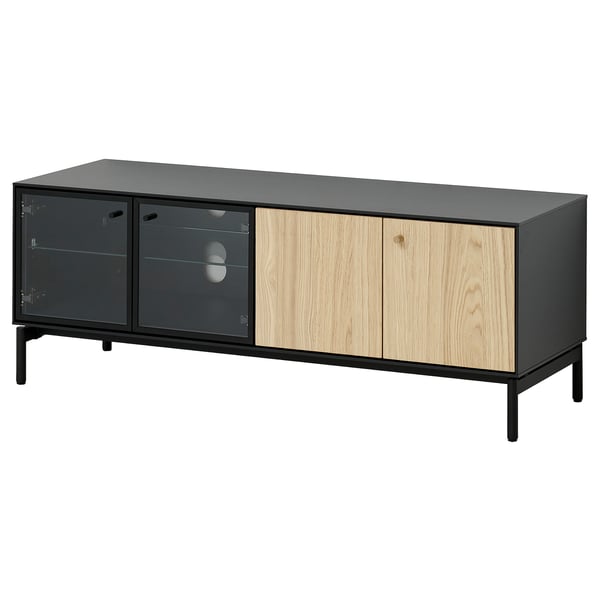 BOASTAD tv stand: black & wood, glass doors, adjustable feet