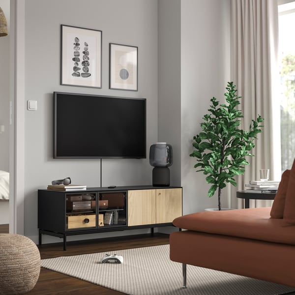 Modern living room with BOASTAD black oak tv bench, glass doors, orange sofa, plant, and rug.