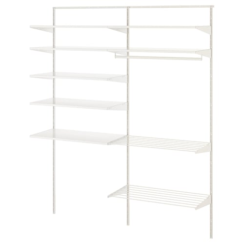 A white BOAXEL wall-mounted storage system with multiple shelves and racks, perfect for organising laundry and other items.