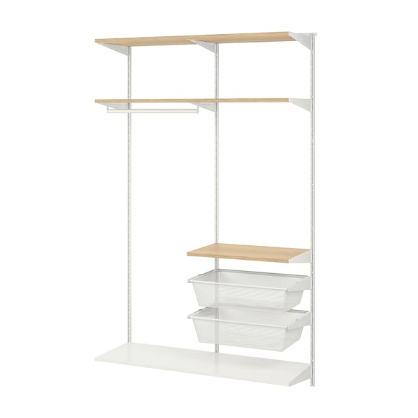 BOAXEL: white wall storage system with shelves, hanging rail, and mesh baskets for organising clothes and accessories.