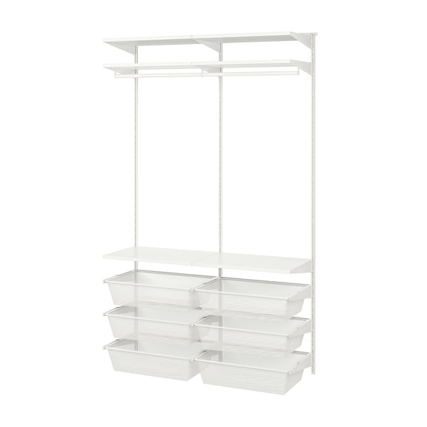 Displays a white BOAXEL wall-mounted storage system. It a hanging rod, shelves, and mesh drawers for organised storage.