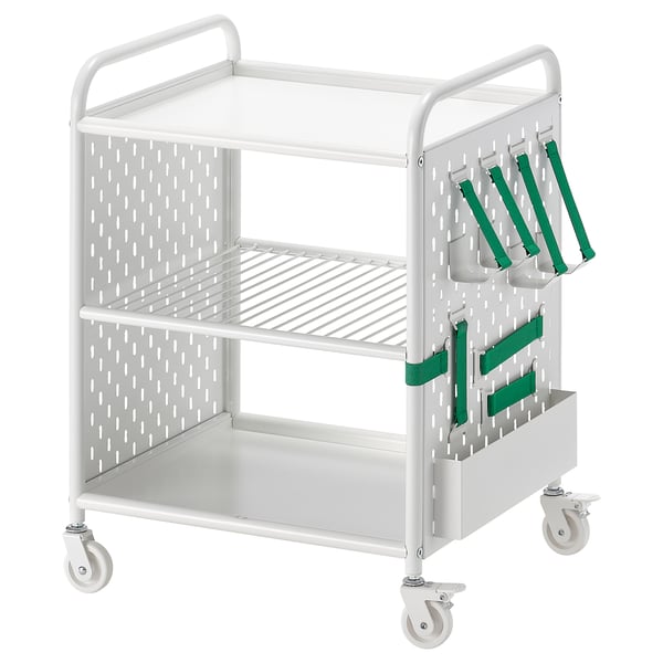 BRÄNNBOLL cart, white, metal, 2-tier, green straps, wheels, gaming organiser.