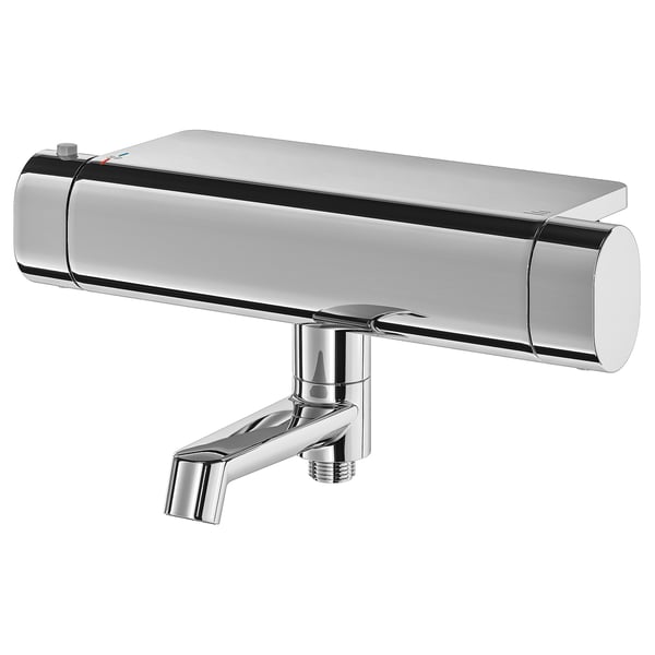 A BROGRUND silver shower mixer with a safe temperature stop, chrome-finished, and a built-in shelf.