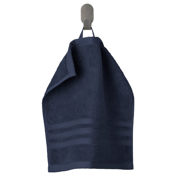 Dark blue BROKGLIM towel on hanger. Rectangular, thick, soft cotton with woven border.