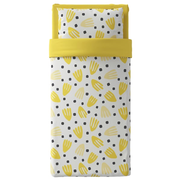 BRUKSVARA bedset: yellow, white, recycled polyester, hand prints, black dots.