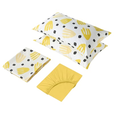 Three yellow and white patterned bed linens: two pillowcases and a fitted sheet, neatly folded. Abstract handprints and dots.