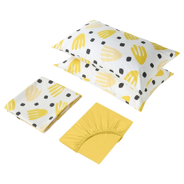 Three-piece bedding set: fitted sheet, pillowcases with hand prints, and flat sheet in white and yellow.