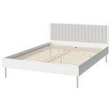 BRUKSVARA bed, white, wooden slats, minimalist design, padded headboard.