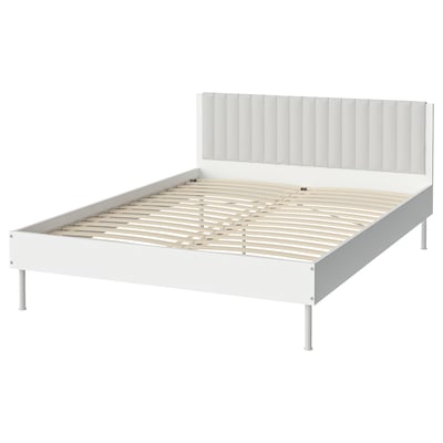 BRUKSVARA bed, white, wooden slats, minimalist design, padded headboard.