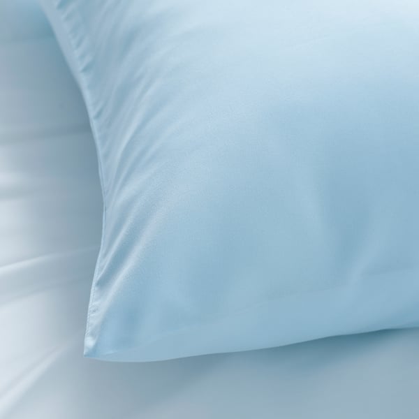 Soft blue pillowcase, smooth & durable, recycled polyester.