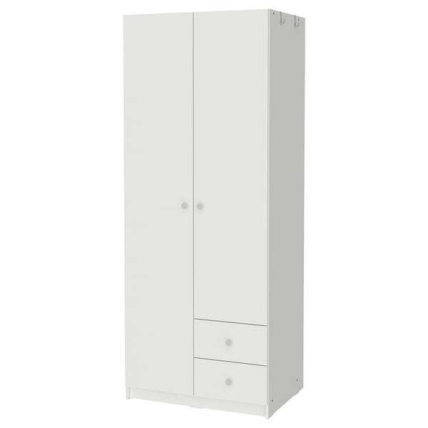 White BRUKSVARA wardrobe: 2 doors, 2 drawers, storage shelves - minimalist design.