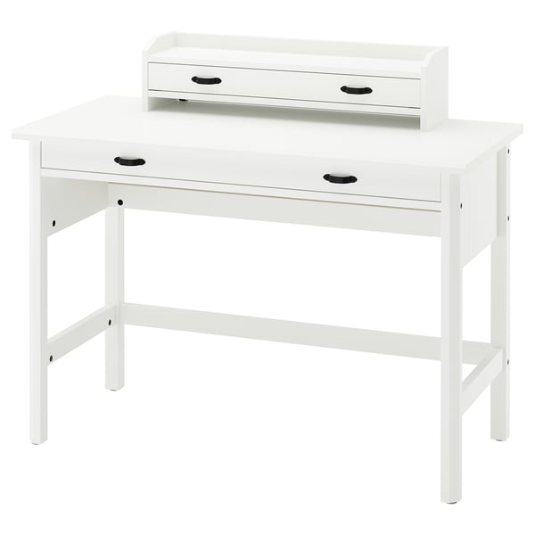 A white BRYTNING desk with a sleek design and additional storage unit.