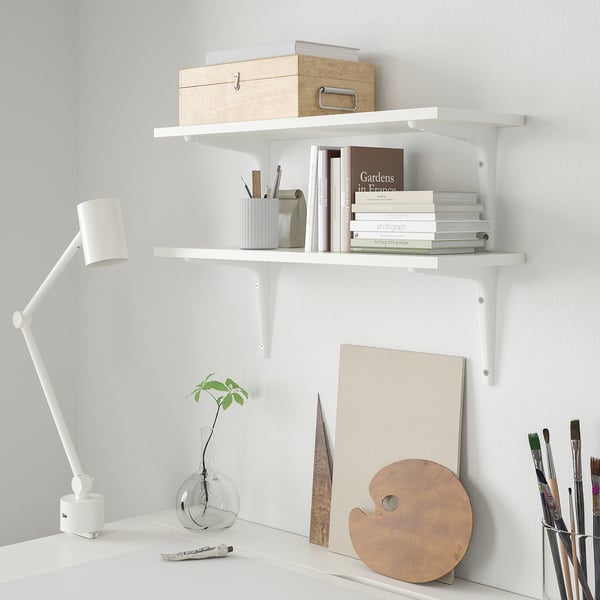 BURHULT wall shelves: books, boxes, art tools, lamp