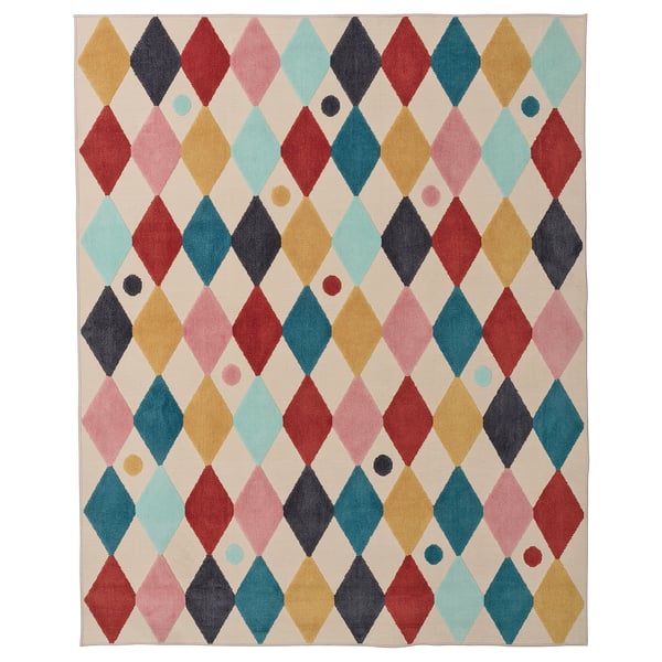 Colourful geometric rug with diamond shapes, soft texture, made from recycled materials.