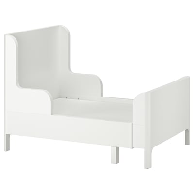 White BUSUNGE bed, extendable, supports good posture with solid wood slats.
