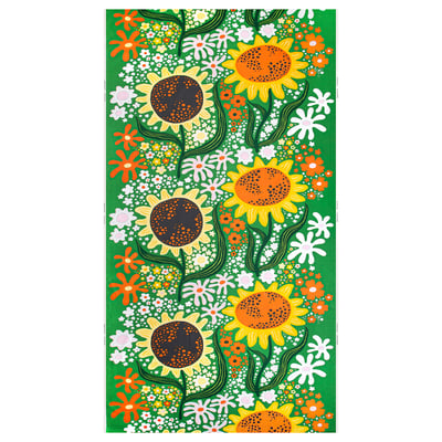 Bright green fabric with large sunflowers, small flowers, and leaves. 100% cotton, rectangular shape.
