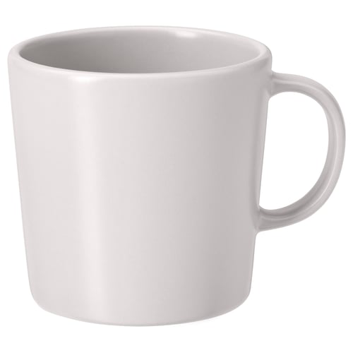 White ceramic mug, simple shape, smooth finish, one handle, dishwasher safe.