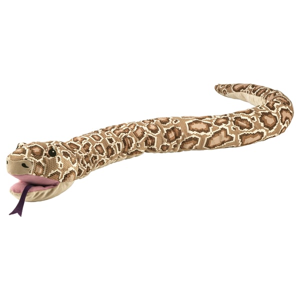 Beige and brown toy python, patterned, curved, soft plush material.