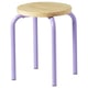 Purple-legged DOMSTEN wooden stool, smooth natural seat, nytillverkad collection.