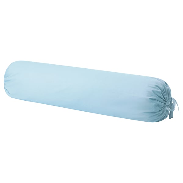 Light blue cylindrical bolster pillow with tied end, made of 100% cotton.