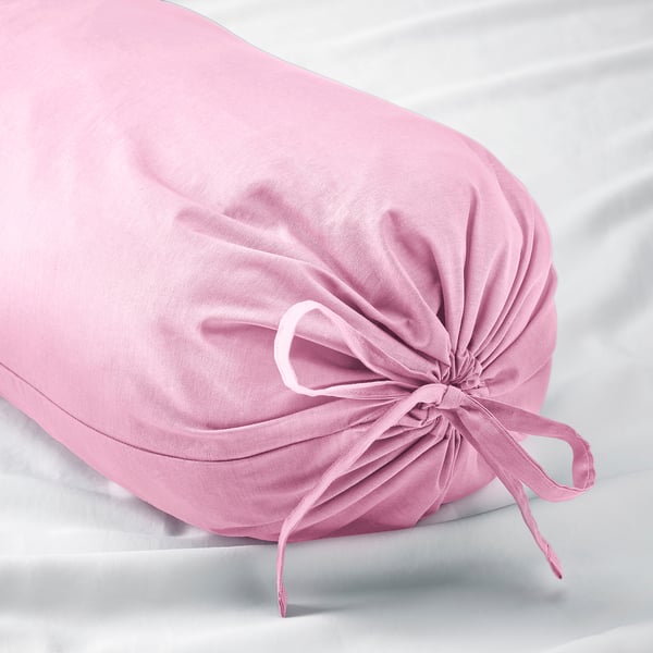 Pink bolster pillowcase, made of soft, durable cotton, tied with a decorative bow.