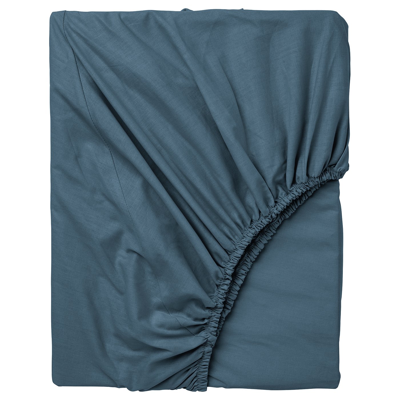 A blue DVALA fitted bed sheet. Its rectangular, made of cotton, and has an elastic edge for a snug fit.