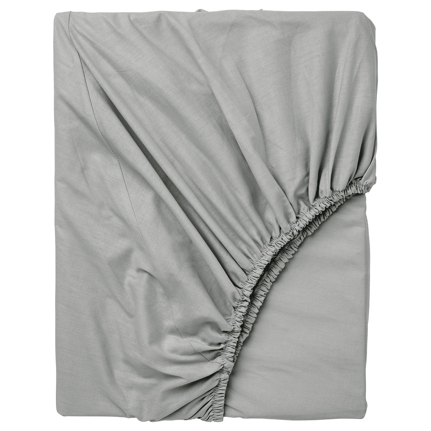 A grey DVALA cotton fitted sheet, rectangular, with gathered elastic edges.