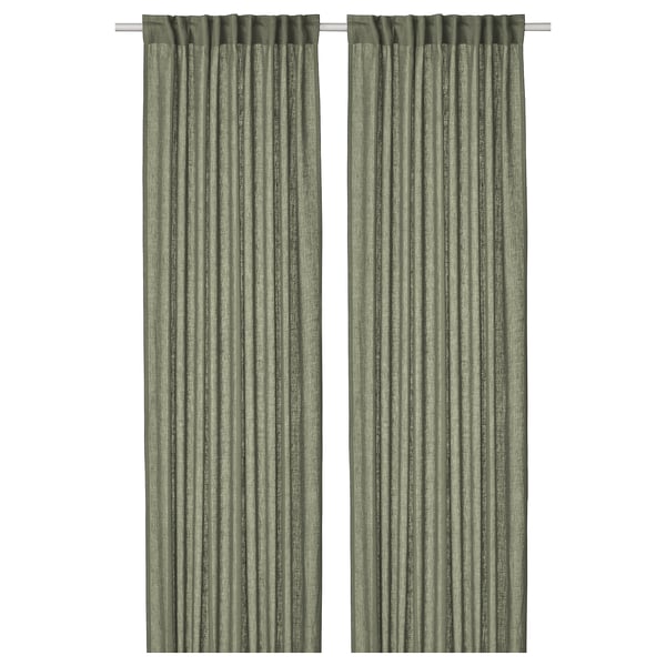 Two olive green linen curtains hung straight, offering privacy and filtering light.