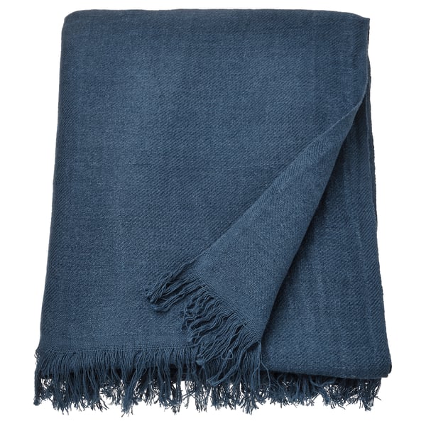 DYTÅG dark blue throw, rectangular with fringed ends, soft linen-cotton blend.