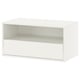 An EKET white tv bench with open and closed storage. It has a rectangular shape and simple design.