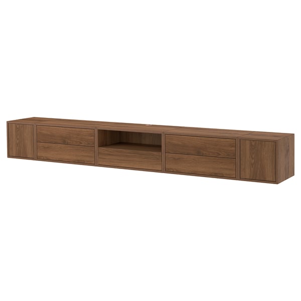 Brown wall-mounted storage unit with shelves, drawers, and compartments. Minimalist design for modern homes.