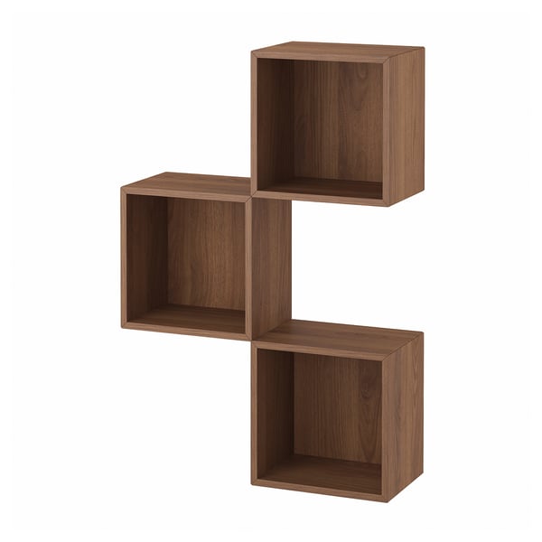 Wooden wall-mounted shelf unit, three cubes in z-shape.