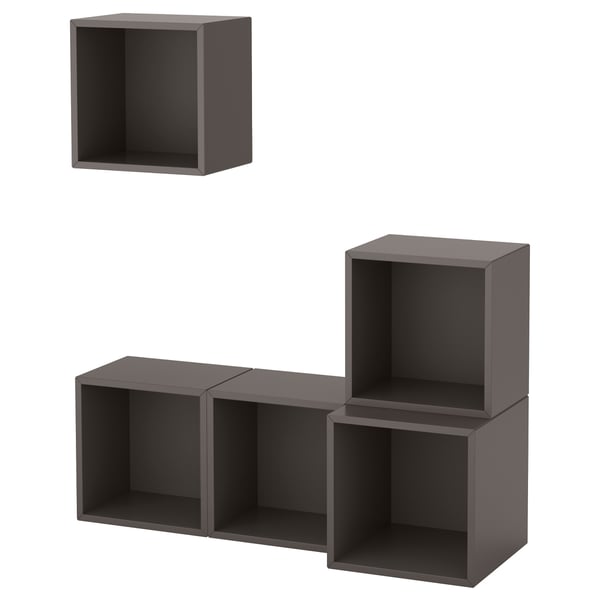 Modular dark grey cube storage units in various sizes and configurations.