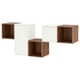 An EKET wall-mounted storage set with cubes in warm oak and white colours, combining open and closed storage for versatile organisation.