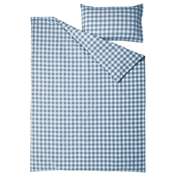 EKTANDVINGE Duvet cover and pillowcase, dark blue white/check, 150x200/50x80 cm