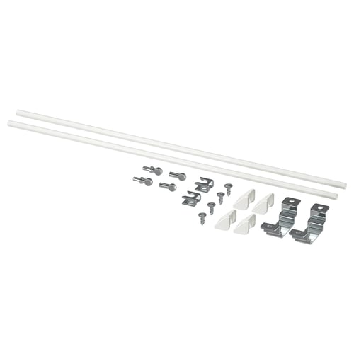 ENHET assembly kit parts including white support rails, screws, and brackets for creating a kitchen island.