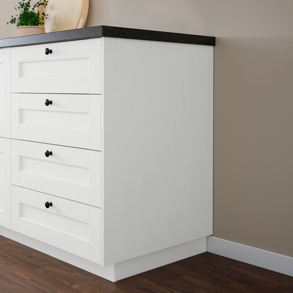 ENKÖPING white drawer unit, modern & durable, wooden-grain foil with black handles. Tall & corner-filled.