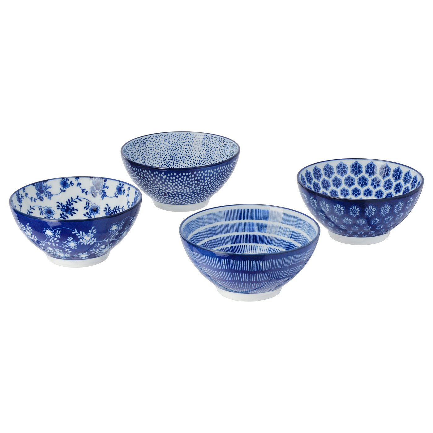 Four blue ceramic bowls with floral and geometric designs sit side by side, featuring intricate patterns and round shapes.