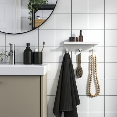 ENUDDEN Wall shelf with 3 hooks, white, 30x8 cm