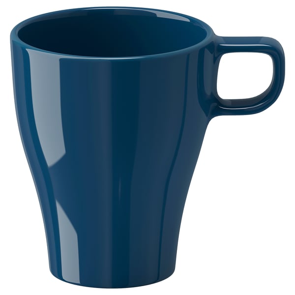 Single blue mug, glossy finish, thick handle, classic design.