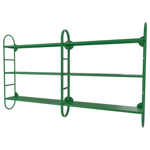 Green metal wall shelf; three tiers, rounded edges.