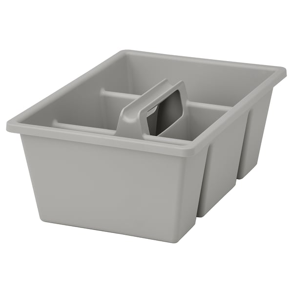 A light grey FÅNGGRÖDA drawer organiser with four compartments. Its made of recycled plastic and fits in boaxel and jonaxel mesh baskets.