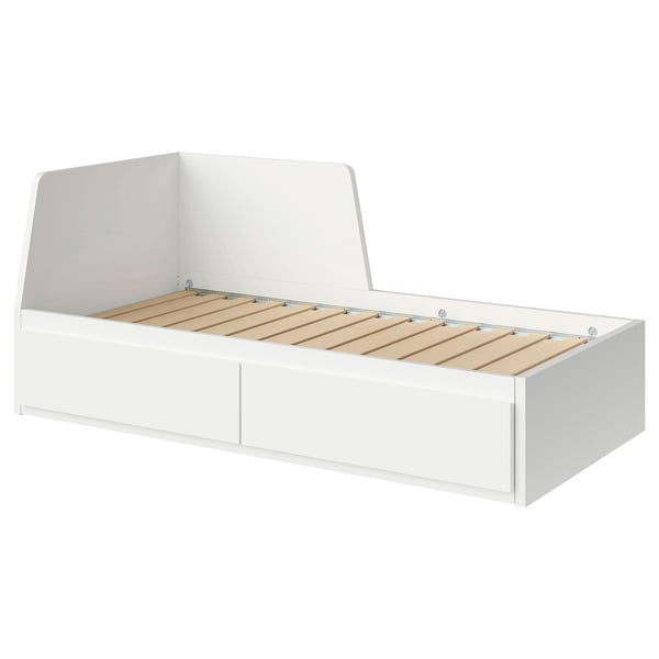 Modern white day-bed with storage drawers. Easy convert from sofa to single bed. Minimalist design, perfect for small spaces.