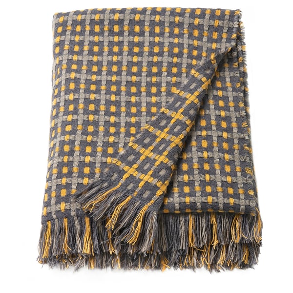 FLIKBRUNÖRT throw, grey & yellow, fringed, recycled polyester, woven check pattern.