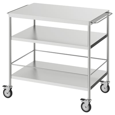 FLYTTA stainless steel cart, silver, rectangular, mobile with shelves, durable kitchen storage.