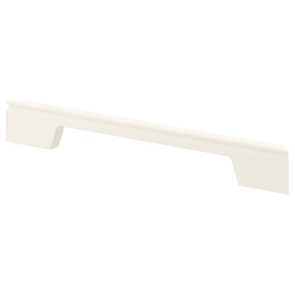 A white kitchen plinth, made of fiberboard with plastic foil. It has a straight design with cut-outs for ventilation or appliances.