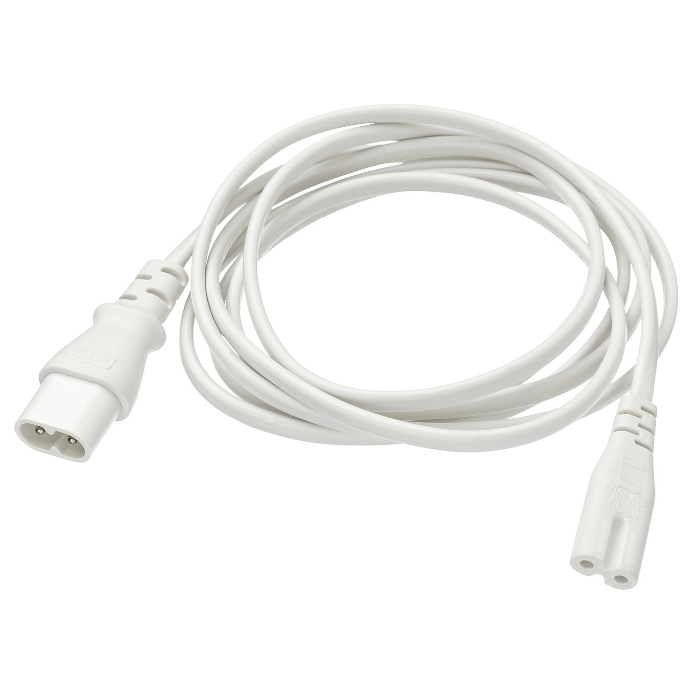 A FÖRNIMMA white power cord, 2 metres long. Its made of pvc plastic and polyester, used to connect multiple lamps to a single power source.